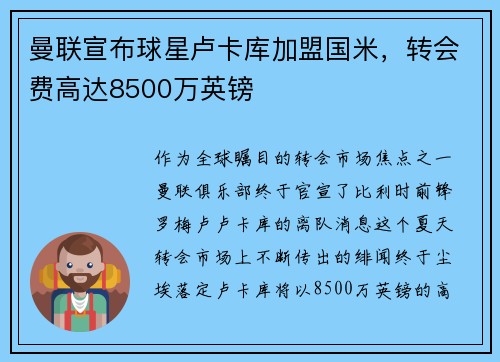 曼联宣布球星卢卡库加盟国米，转会费高达8500万英镑