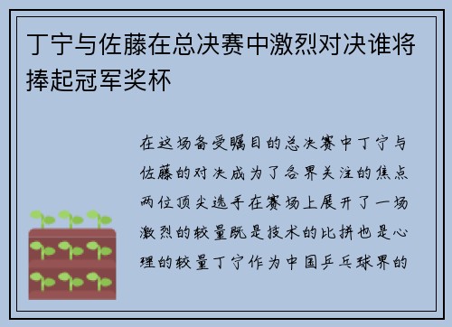 丁宁与佐藤在总决赛中激烈对决谁将捧起冠军奖杯